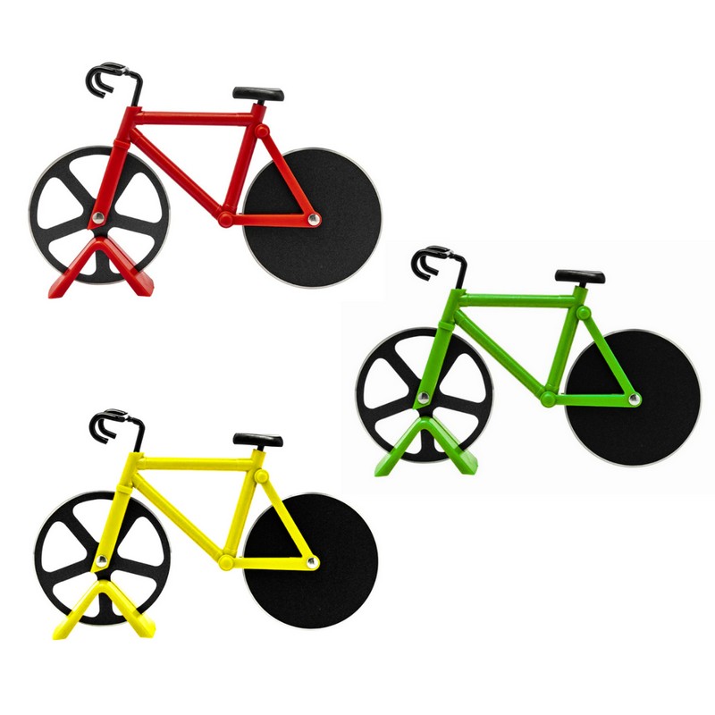 Rotella tagliapizza antiaderente a forma di bicicletta con supporto assortita in 3 colori