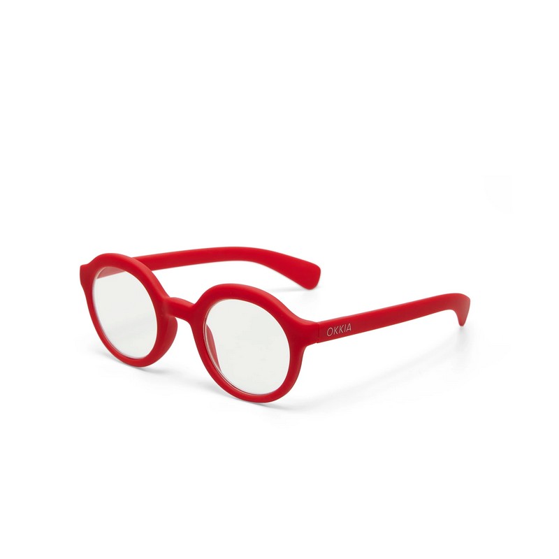 Occhiale da lettura con montatura panthos tonda rossa e lenti da lettura +1.50 diottrie con filtro luce blu