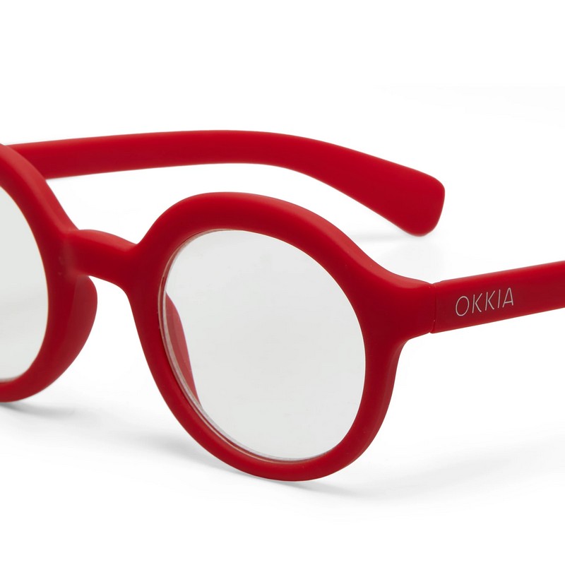 Occhiale da lettura con montatura panthos tonda rossa e lenti da lettura +1.50 diottrie con filtro luce blu
