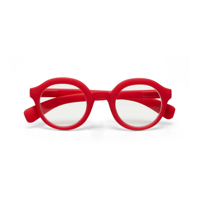 Occhiale da lettura con montatura panthos tonda rossa e lenti da lettura +1.50 diottrie con filtro luce blu