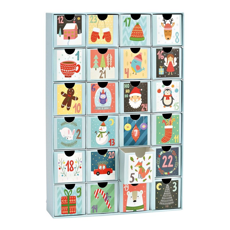 Calendario dell'avvento rettangolare decorato con un disegno natalizio per ciascuno dei 24 cassetti, realizzato in cartone