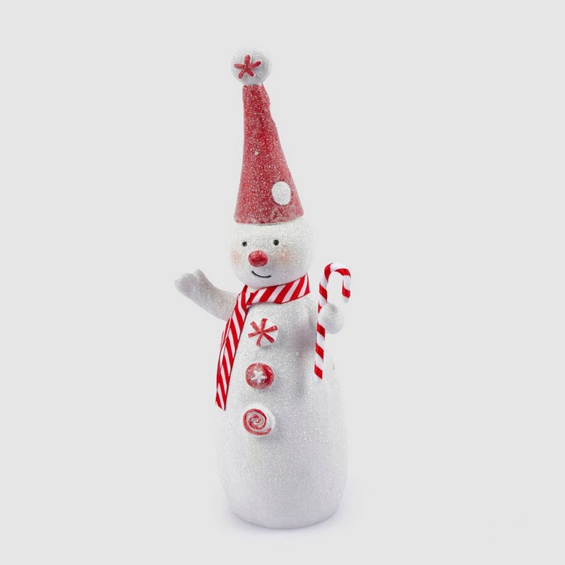 Pupazzo di neve decorativo da appoggio in resina decorato con cappello e bastone di zucchero