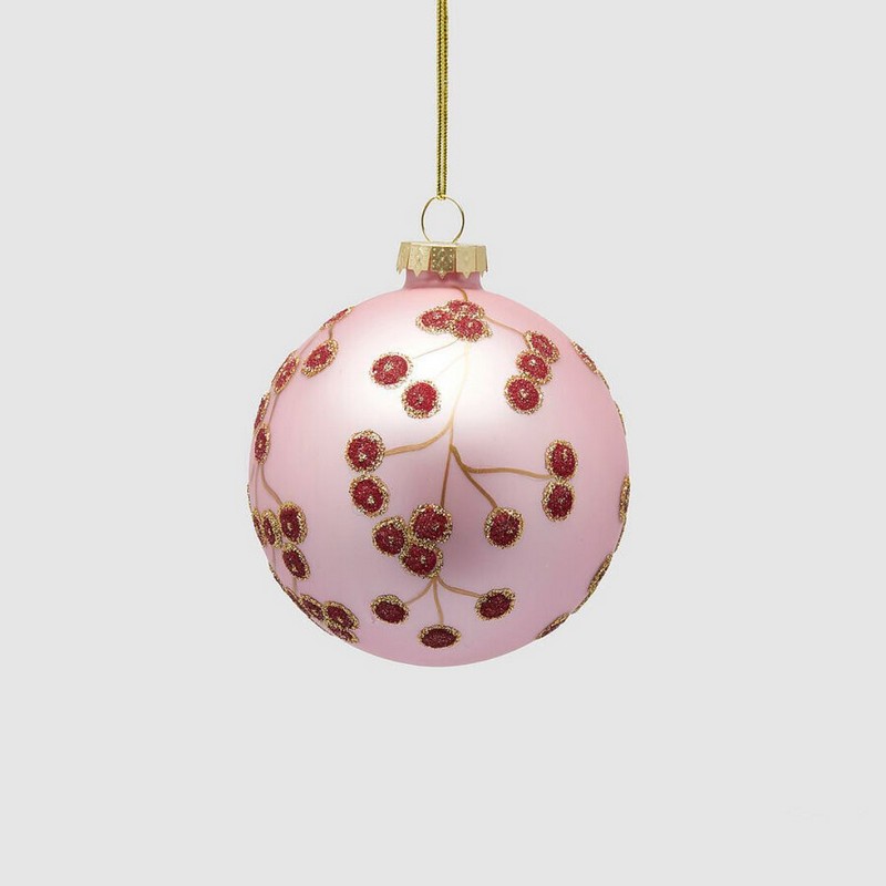 Pallina di Natale rosa decorata con bacche rosse e oro