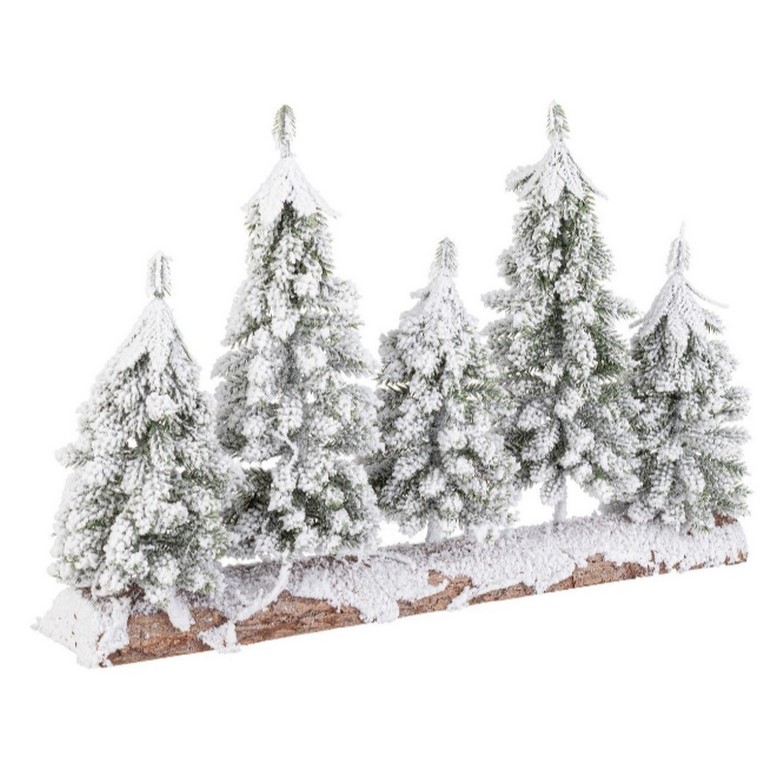 Decoro 5 pini innevati su base in tronco di abete
