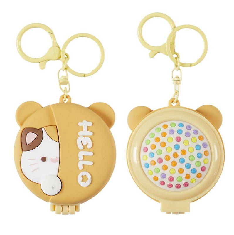 Specchio con spazzola da viaggio richiudibile, colore giallo decorato con gatto e scritta “Hello”