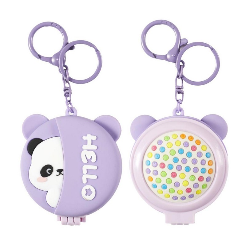 Specchio con spazzola da viaggio richiudibile, colore lilla decorato con panda e scritta “Hello”