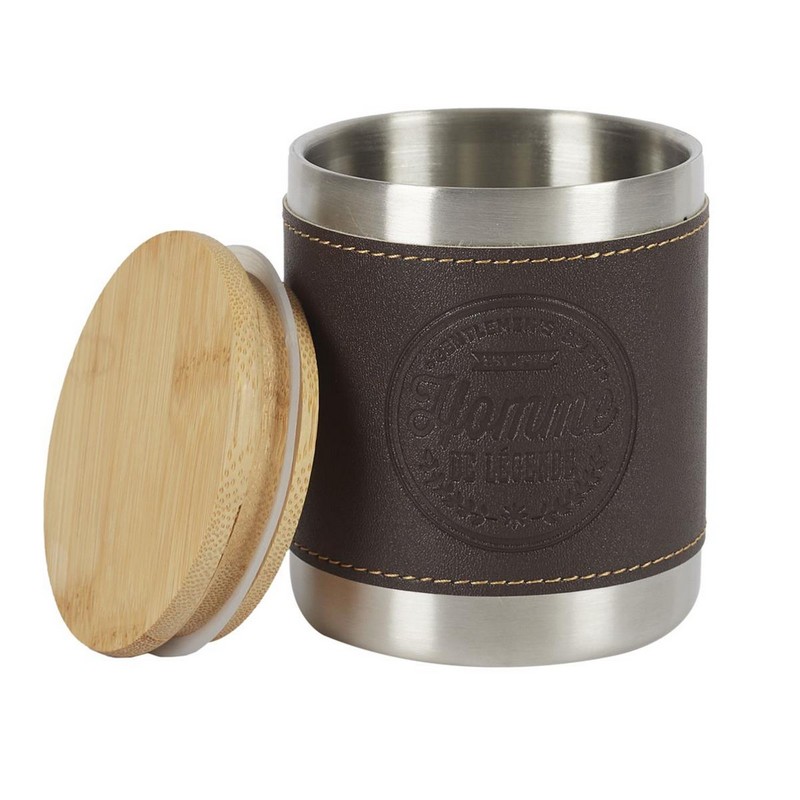 Tazza mug in acciaio inox con tappo in legno, moschettone e fascia in ecopelle marrone