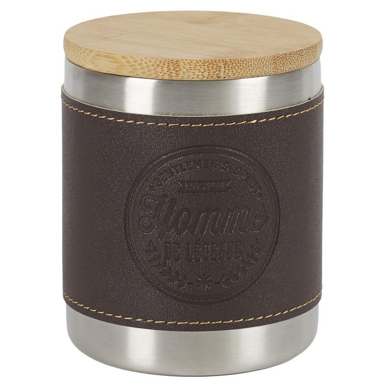 Tazza mug in acciaio inox con tappo in legno, moschettone e fascia in ecopelle marrone