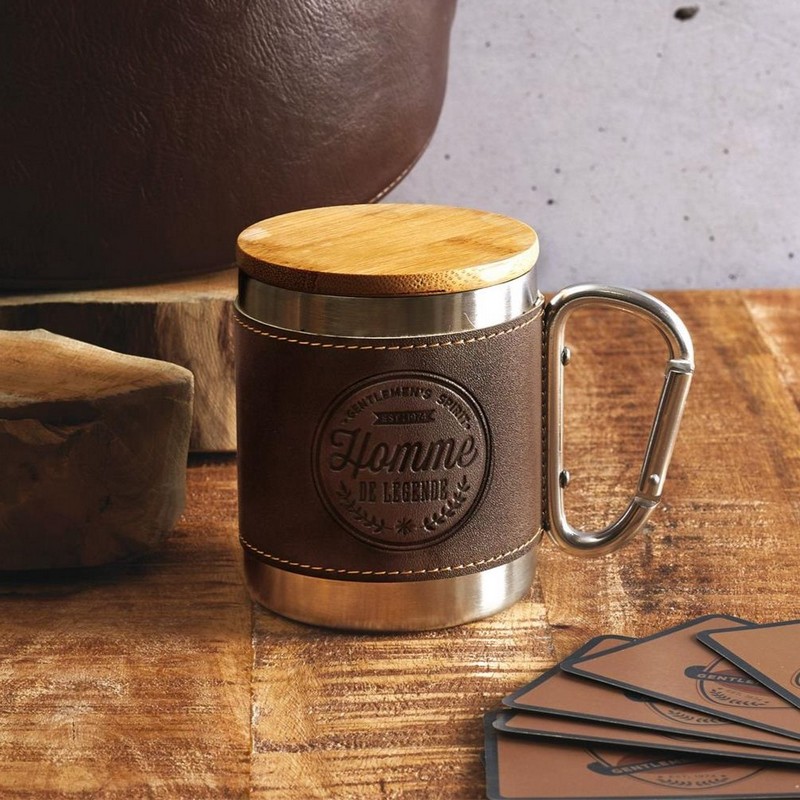 Tazza mug in acciaio inox con tappo in legno, moschettone e fascia in ecopelle marrone