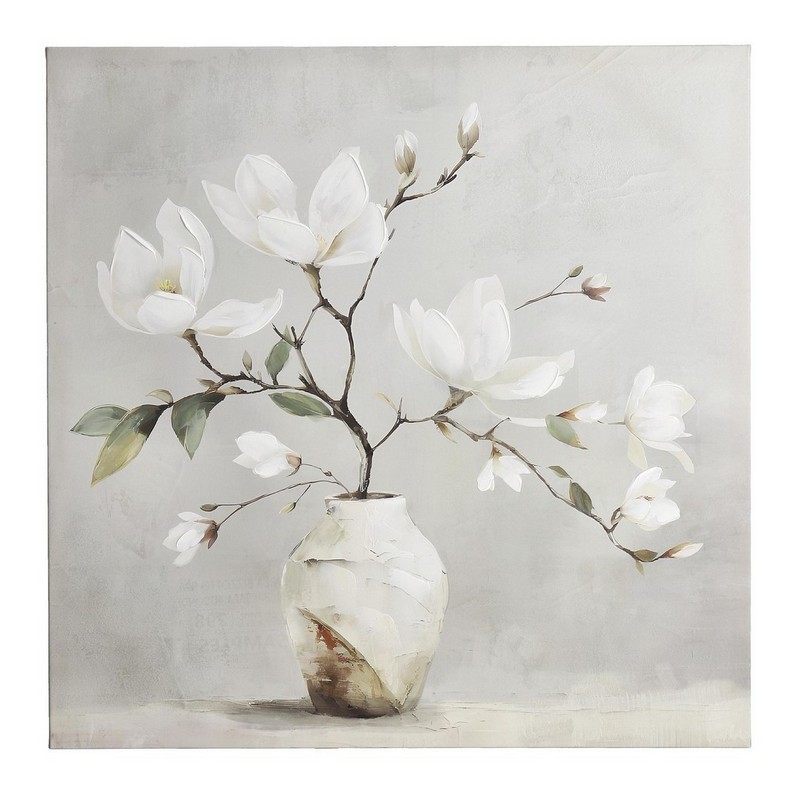 Quadro olio su tela con dettagli in rilievo raffigurante un vaso con fiori bianchi di magnolia