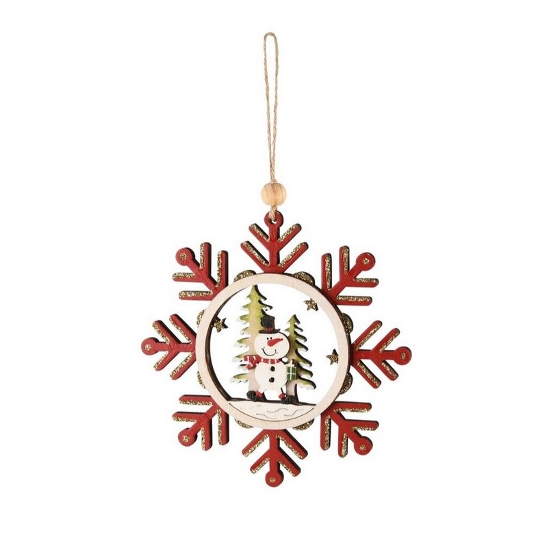 Fiocco di neve decorativo da appendere in legno con pupazzo di neve