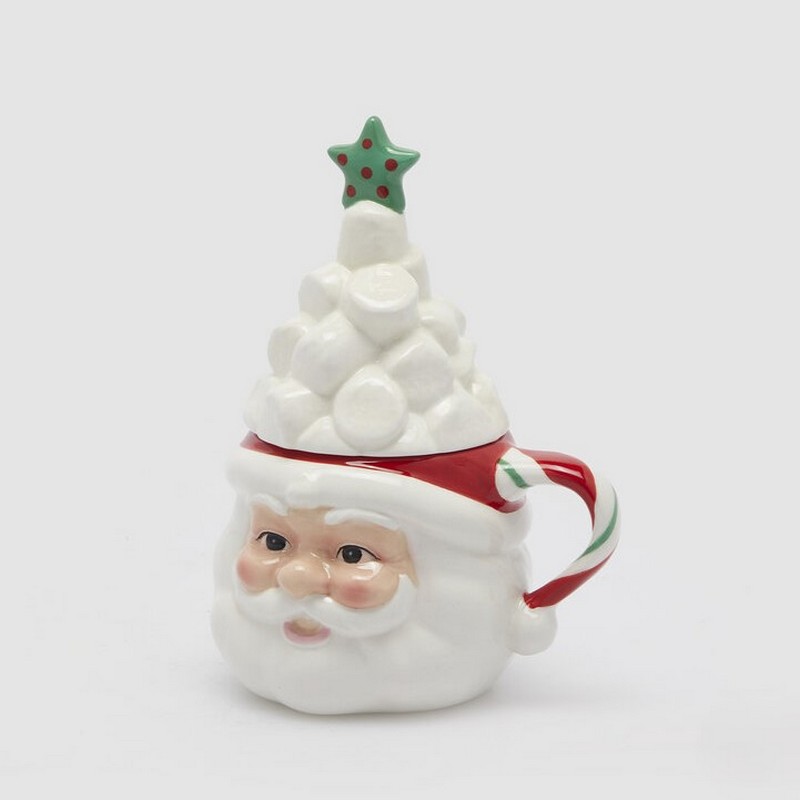 Tazza mug natalizia in ceramica a forma di Babbo Natale e coperchio albero di Natale di marshmallow