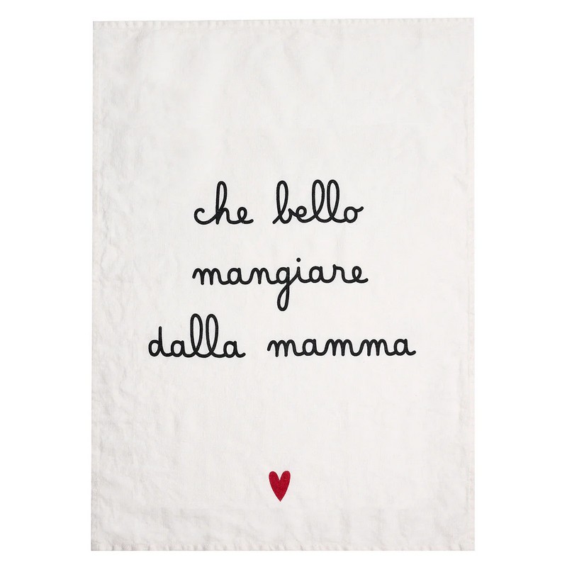 Asciugapiatti in lino decorato con cuore e scritta “Che bello mangiare dalla mamma”