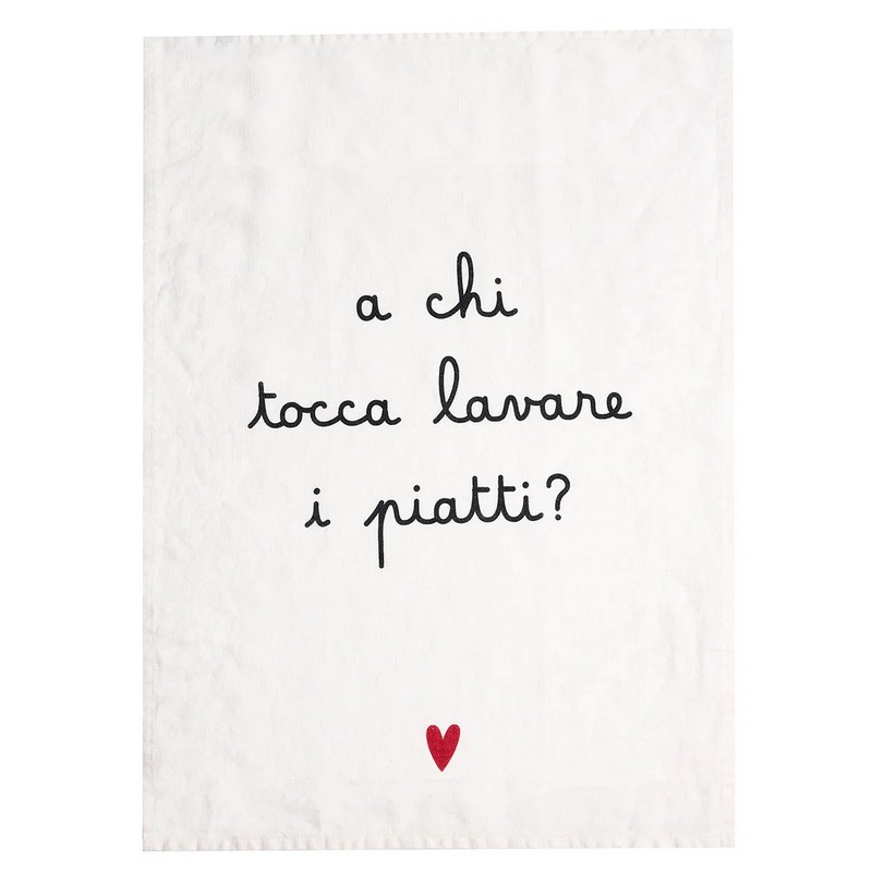 Asciugapiatti in lino decorato con cuore e scritta “A chi tocca lavare i piatti?”