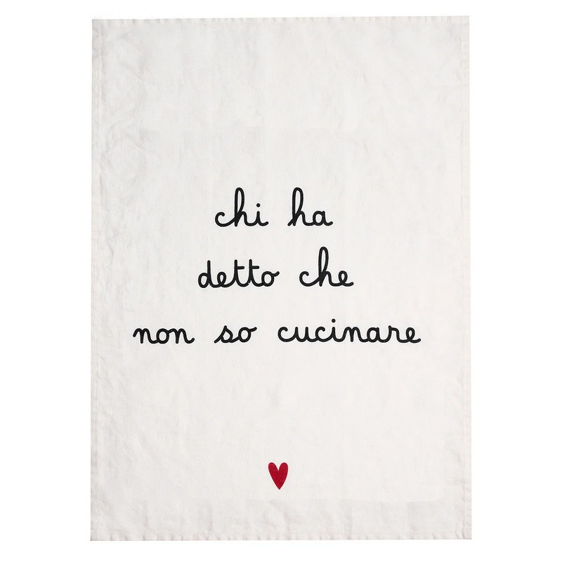 Asciugapiatti in lino decorato con cuore e scritta “Chi ha detto che non so cucinare”