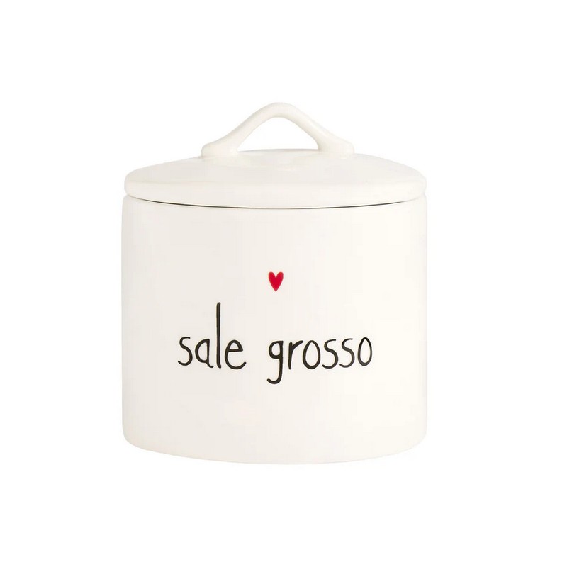 Barattolo con coperchio in gres bianco decorato con cuore e scritta “Sale grosso”