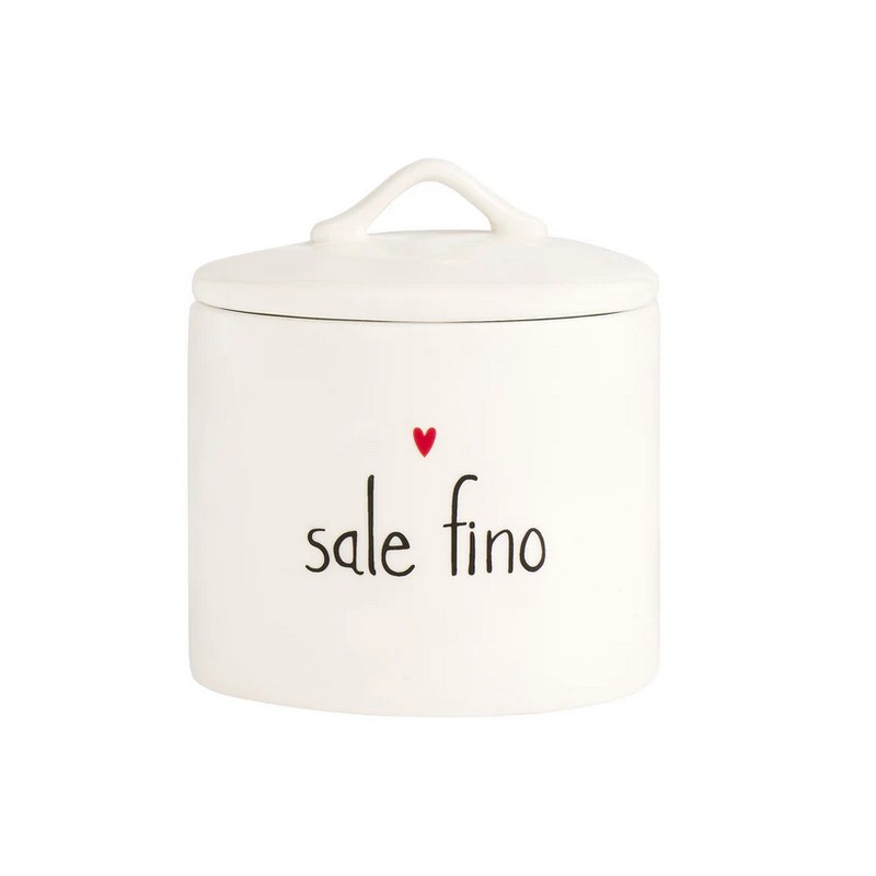 Barattolo con coperchio in gres bianco decorato con cuore e scritta “Sale fino”