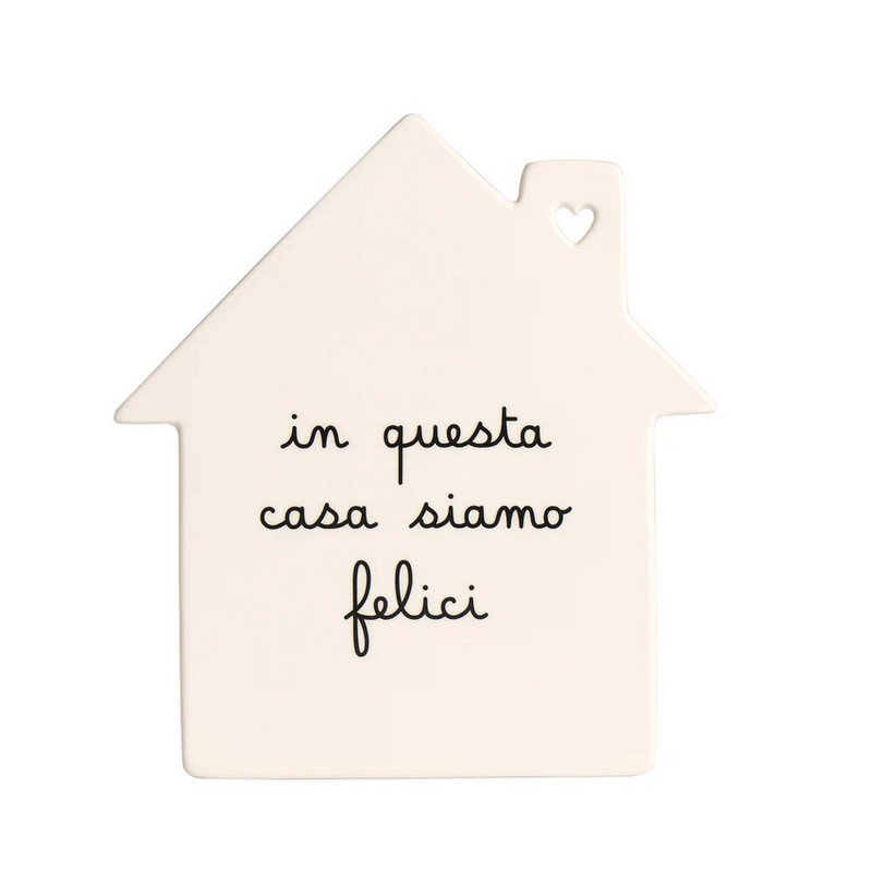 Sottopentola in gres bianco a forma di casa decorato con scritta “In questa casa siamo felici”, con base antiscivolo