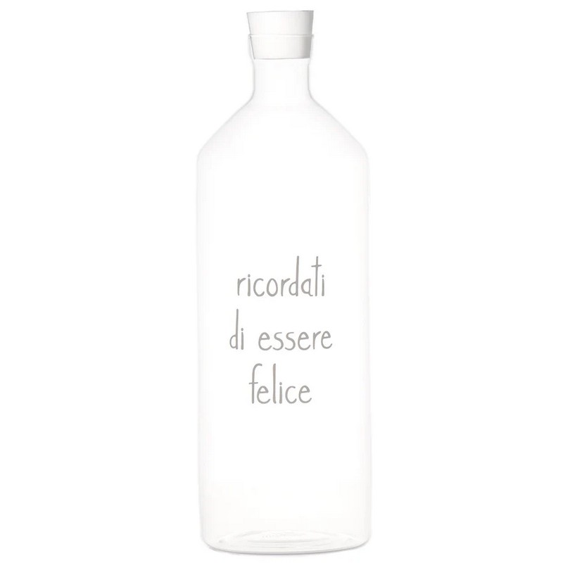 Bottiglia in vetro con tappo decorata con scritta “Ricordati di essere felice”