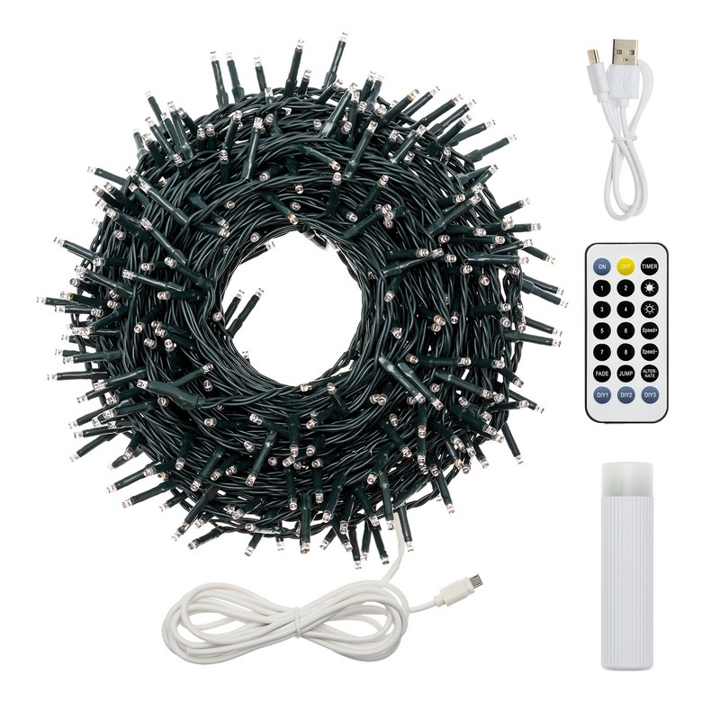 Catena luminosa da 400 led ad uso interno ed esterno, con 8 giochi di luce, opzione timer e filo verde, batteria ricaricabile con cavo MicroUSB (incluso)