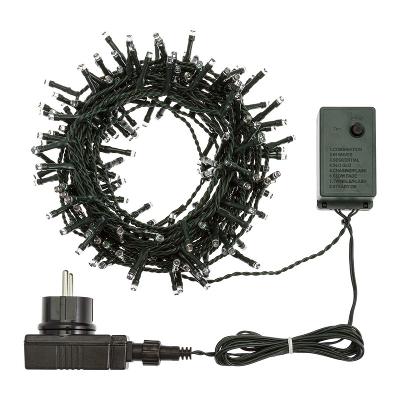 Catena luminosa da 180 led ad uso interno ed esterno, con 8 giochi di luce, opzione timer e filo verde