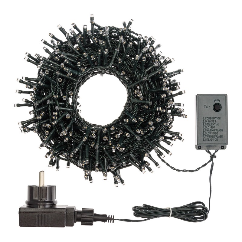 Catena luminosa da 450 led ad uso interno ed esterno, con 8 giochi di luce, opzione timer e filo verde