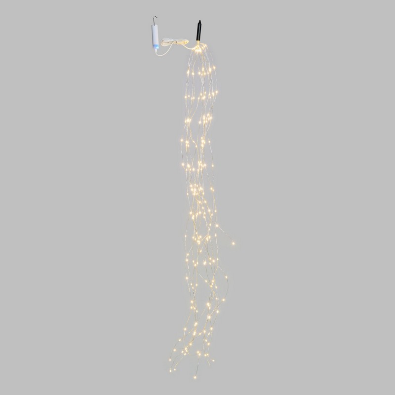Catena luminosa da 200 led ad uso interno ed esterno a cascata con 8 giochi di luce, opzione timer e filo argento, batteria ricaricabile con cavo MicroUSB (incluso)