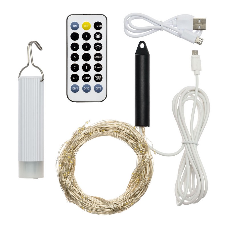 Catena luminosa da 200 led ad uso interno ed esterno a cascata con 8 giochi di luce, opzione timer e filo argento, batteria ricaricabile con cavo MicroUSB (incluso)