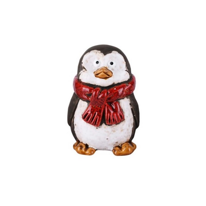 Pinguino natalizio decorativo in ceramica da appoggio con sciarpa rossa
