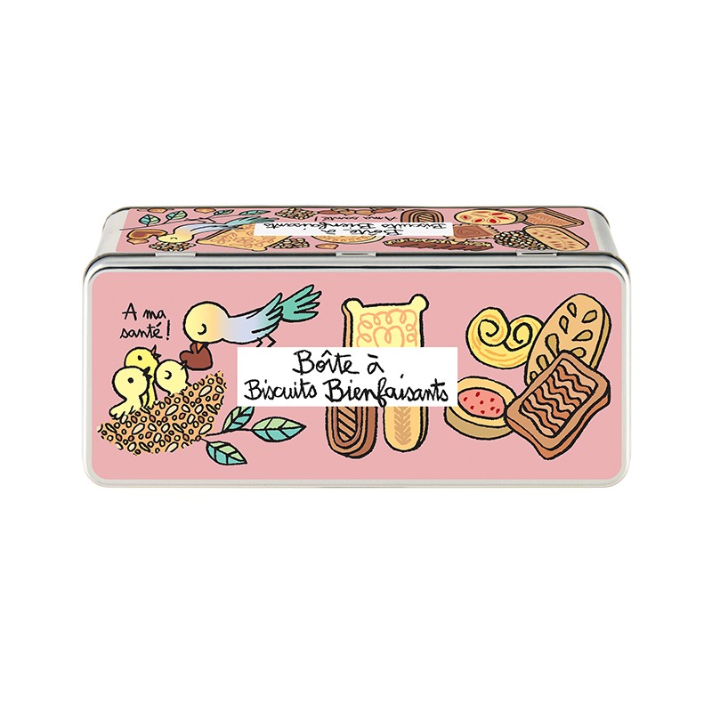 Scatola di latta da cucina decorata con disegni di biscotti e uccellini