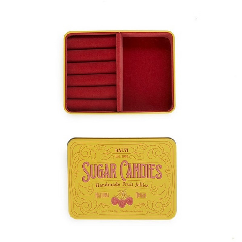 Portagioie portatile in latta a forma di scatoletta di caramelle in stile vintage con interno vellutato rosso