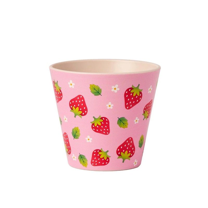 Tazzina rosa da caffè espresso in materiale riciclato decorata con fragole