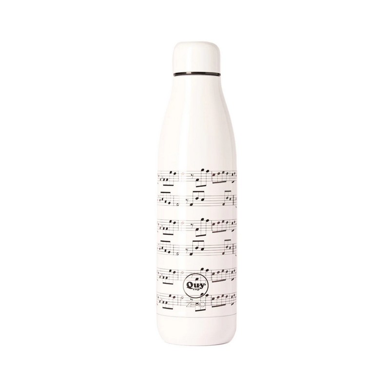 Bottiglia termica da 500 ml bianca decorata con note e spartiti musicali