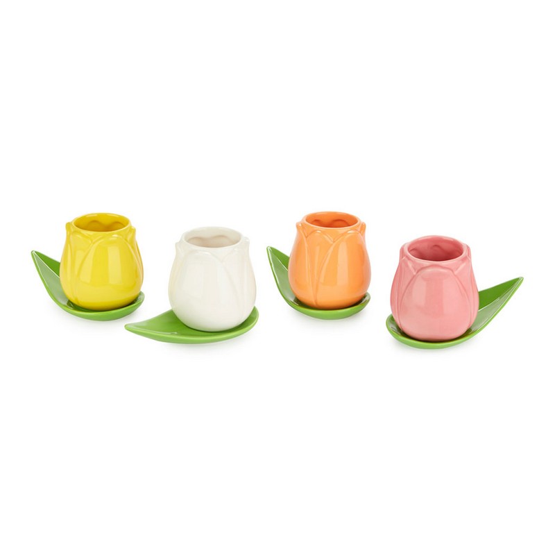 Set 4 tazzine da caffè in ceramica a forma di tulipani di colori diversi (bianco, giallo, arancione e rosa) con 4 piattini a forma di foglia