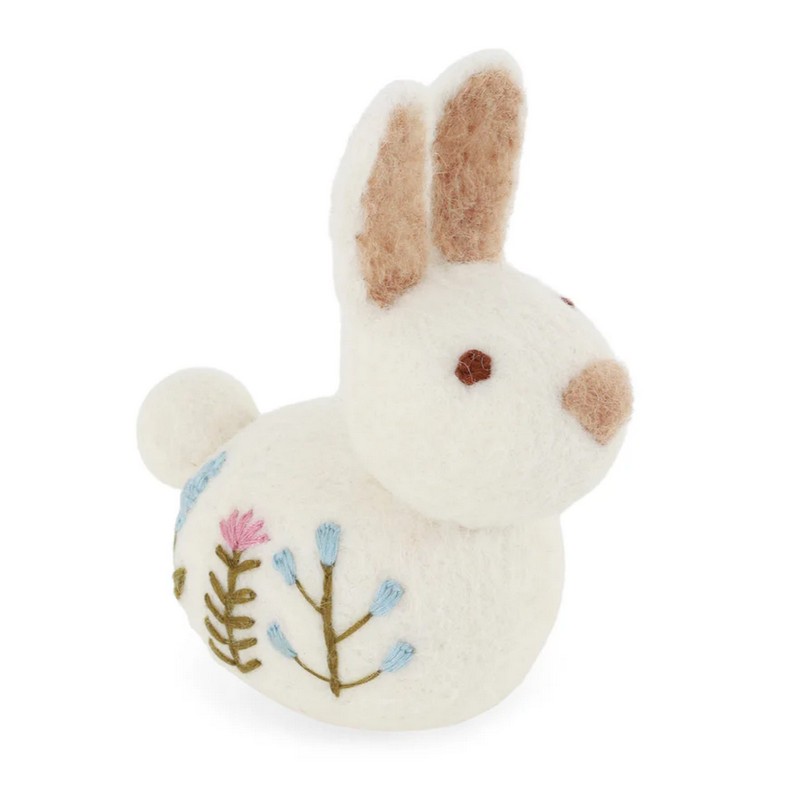 Coniglio uovo bianco in lana cotta da appendere o da appoggio decorato o da appoggio con fiori, ideale come decoro di Pasqua