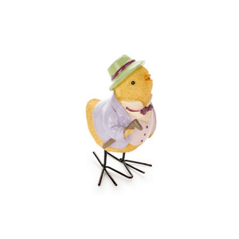 Pulcino decorativo da appoggio in resina con zampe in metallo e con vestito e cappello, ideale come decoro di Pasqua