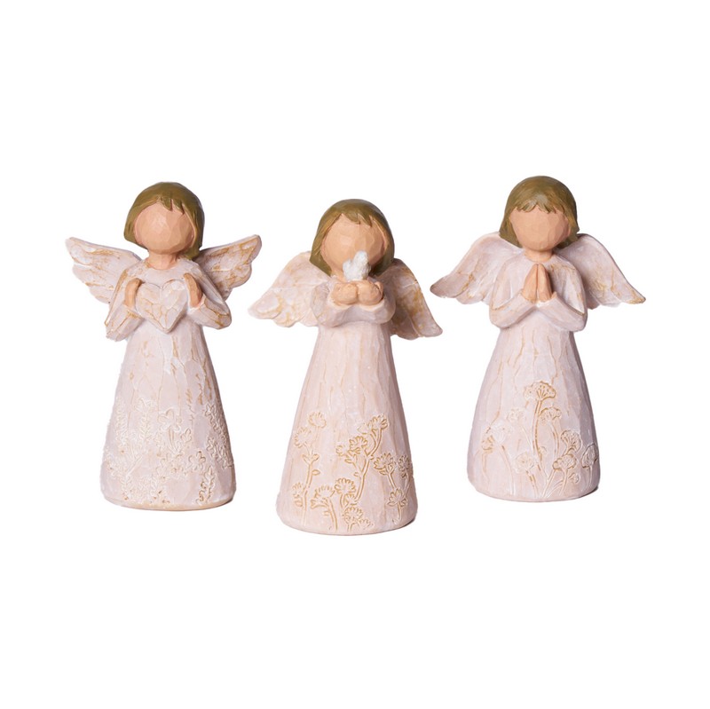 Angioletto decorativo da appoggio in resina effetto legno intagliato con vestito rosa e fiori, in 3 varianti assortite con cuore, uccellino e mani giunte