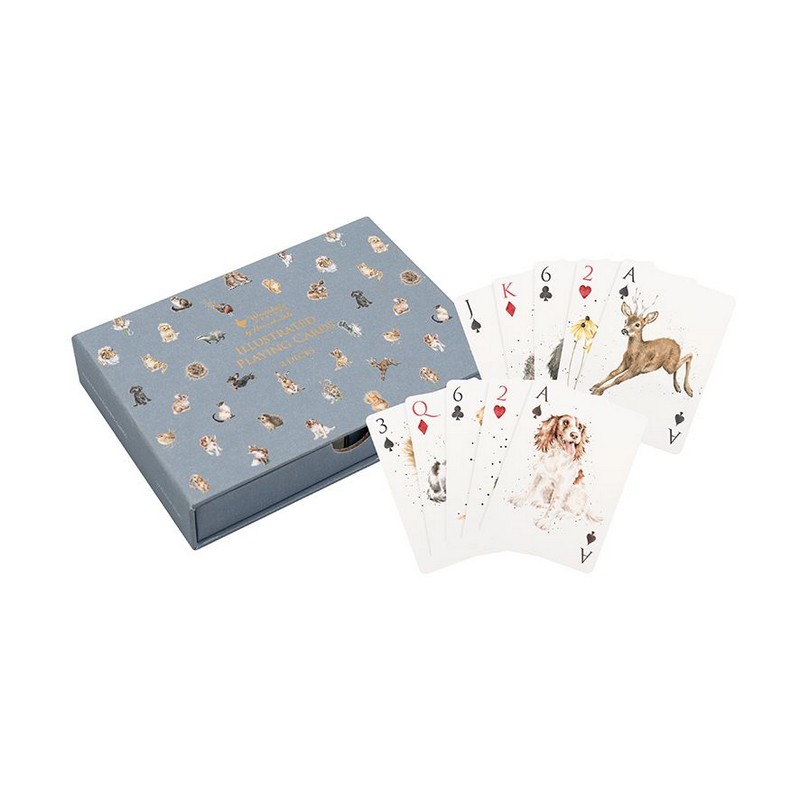 Set di 2 mazzi di carte da gioco, uno a tema animali domestici (cani e gatti) e l'altro a tema animali di campagna, il tutto contenuto in un cofanetto regalo