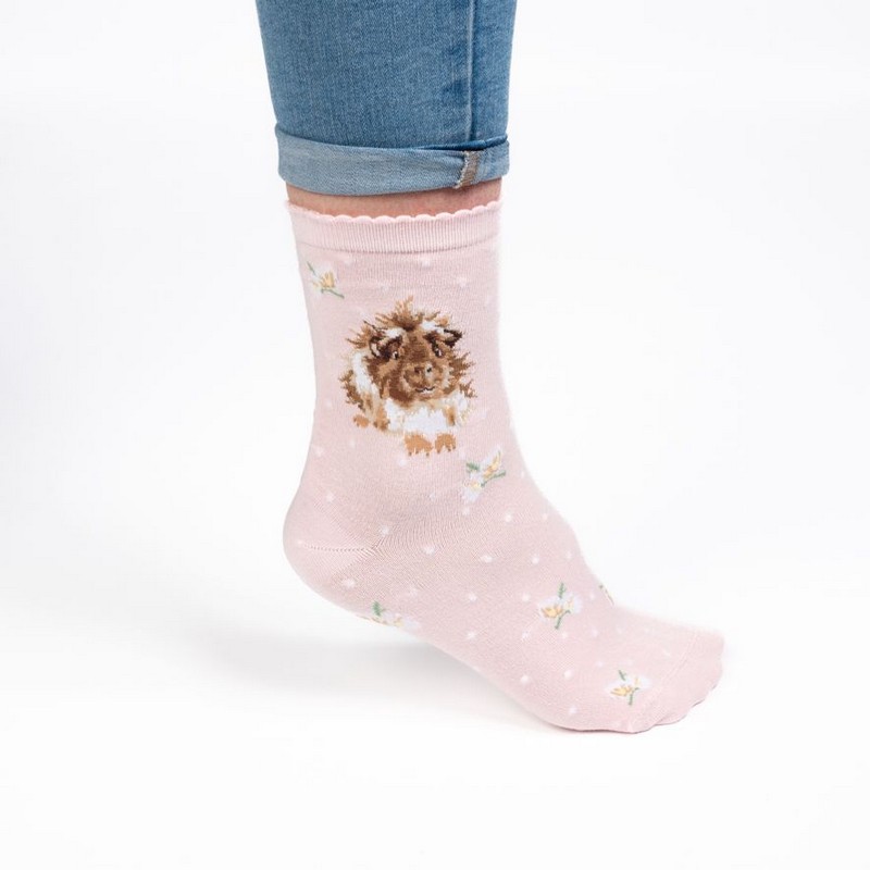 Paio di calze da donna rosa in viscosa derivata dal bambù decorate con cavia e fiori