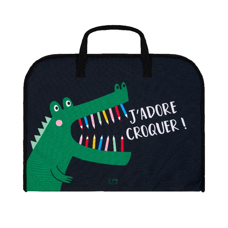 Borsa da disegno nera con manico decorata con coccodrillo