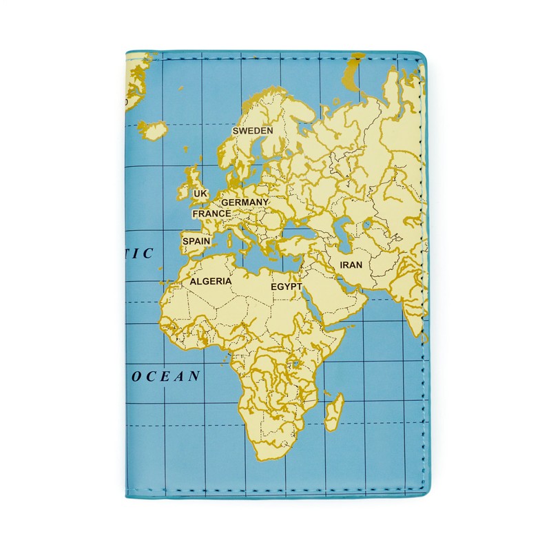 Porta passaporto, documenti di viaggio, carte di credito e contante con decoro mappamondo