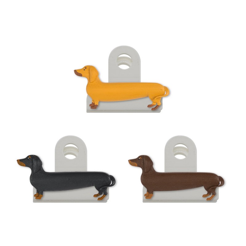Set 3 mollette chiudipacco a forma di bassotti marrone, nero e beige
