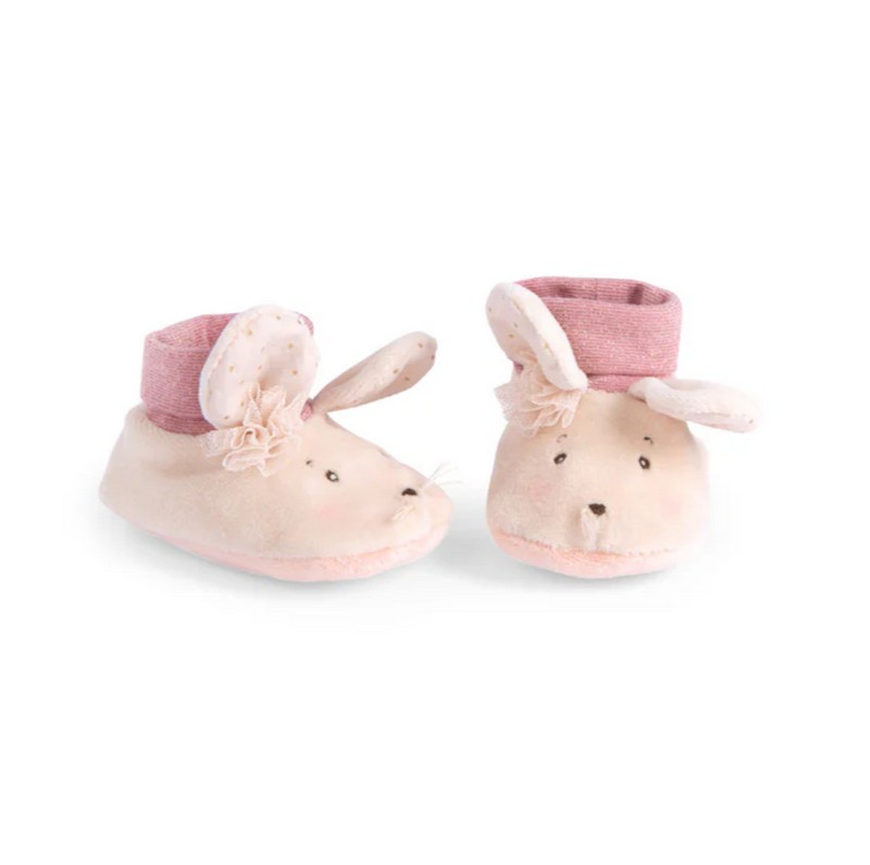 Pantofole per neonate 0-6 mesi a forma di muso di topolina in velluto rosa, contenute in un cofanetto