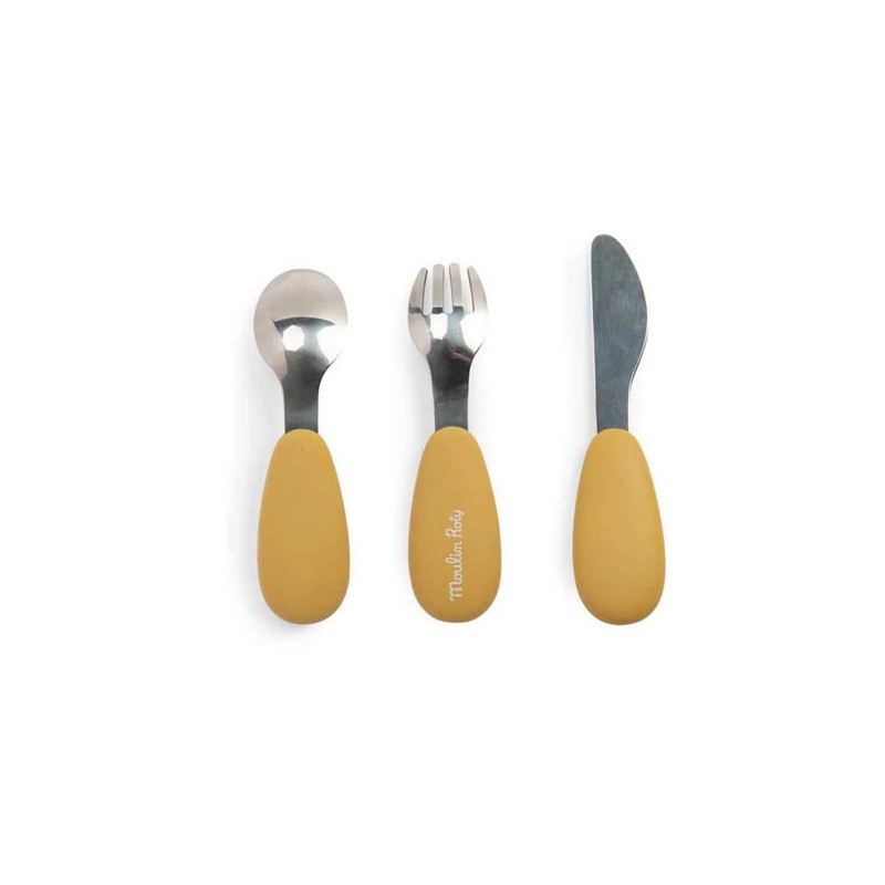 Set 3 posate (forchetta, cucchiaio e coltello) per bambini in acciaio inossidabile con manici in silicone giallo decorati con tartaruga