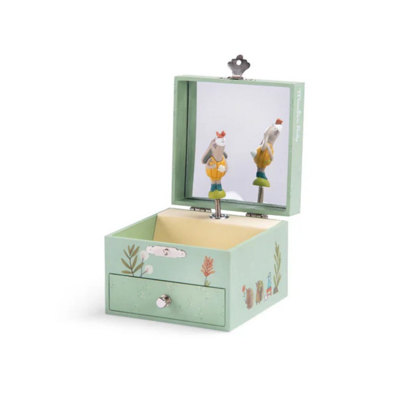 Carillon in legno con coniglietto che danza, cassetto portagioie e specchio