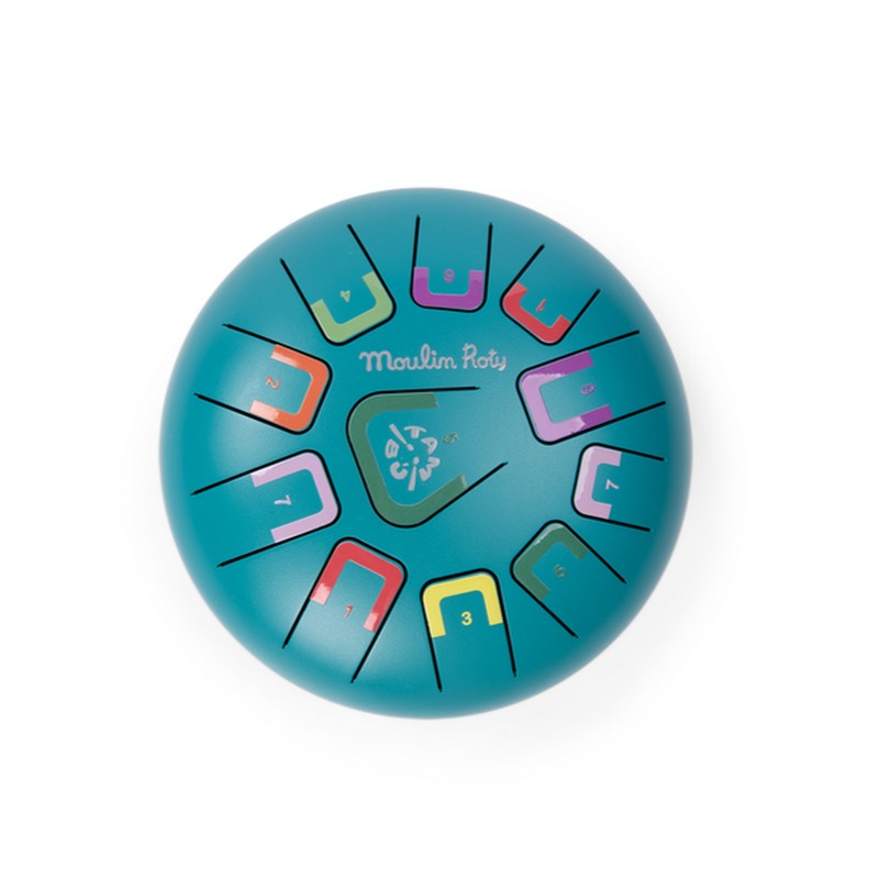 Tamburo a lingue in metallo (steel tongue drums) di colore verde acqua, include bacchette, poggiabacchette, panno in microfibra, plettri per suonare con le dita, libretto con canzoni e borsa per il trasporto