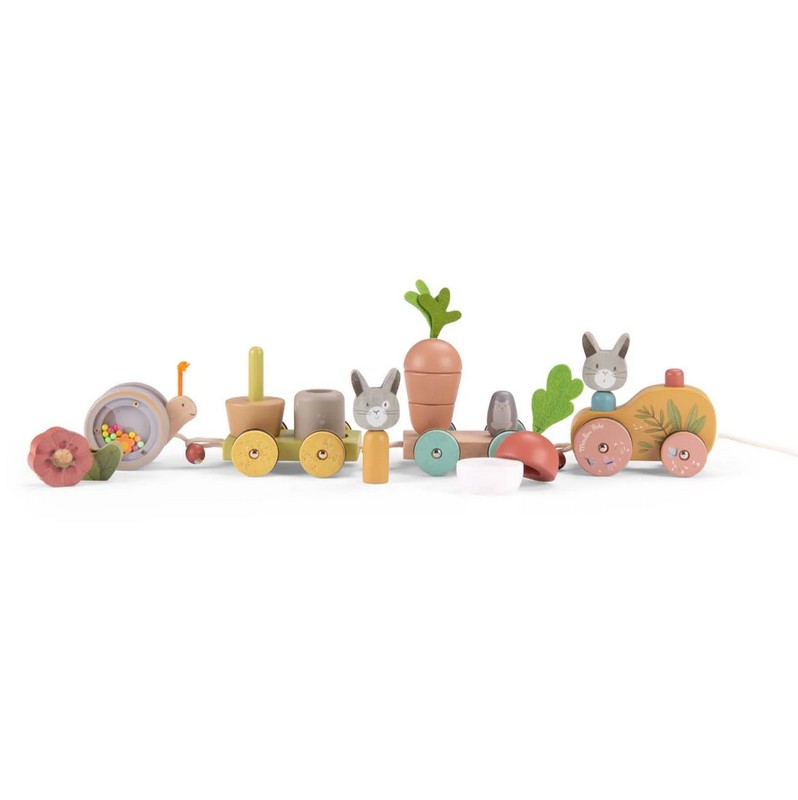 Gioco treno trainabile multiattività in legno per bambini, con la possibilità di impilare, rimuovere e ricostruire