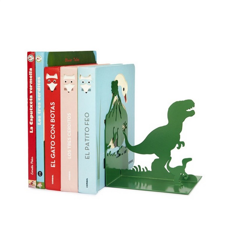 Fermalibri in metallo verde con decorato con dinosauri e vulcano
