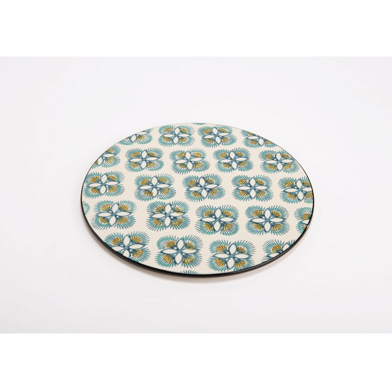 Piatto da torta in gres decorato con motivi geometrici azzurri e gialli