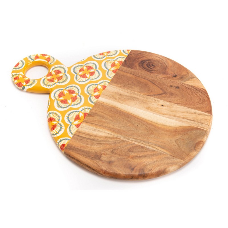 Tagliere tondo in legno di acacia e gres con decoro floreale su fondo giallo con manico